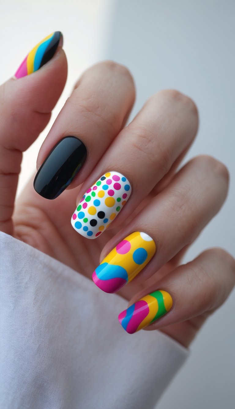Skittle nail art idea with white polka dot nail, black glossy accent, and abstract shapes in yellow, pink, and blue