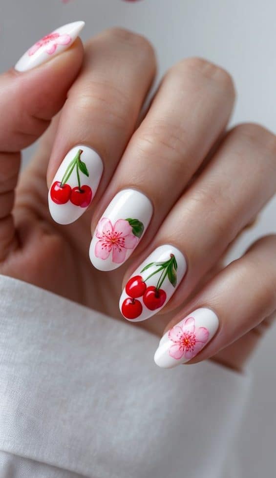 White nails featuring soft cherry blossoms and glossy red cherries, blending romantic floral touches with playful cherry nail art ideas.