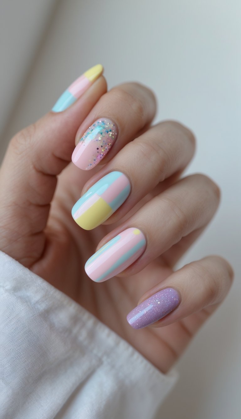 Skittle nail art idea with soft candy colors, glittered pink polish, lilac shimmer, and striped pastel accents on medium almond-shaped nails