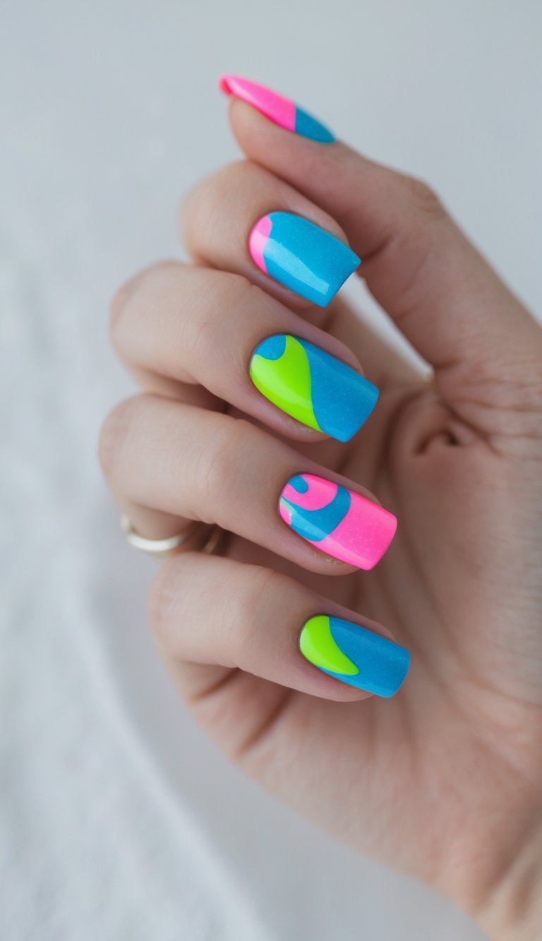 Skittle nail art idea with bold neon green, bright pink, and electric blue color blocks in retro wavy patterns on square-shaped nails