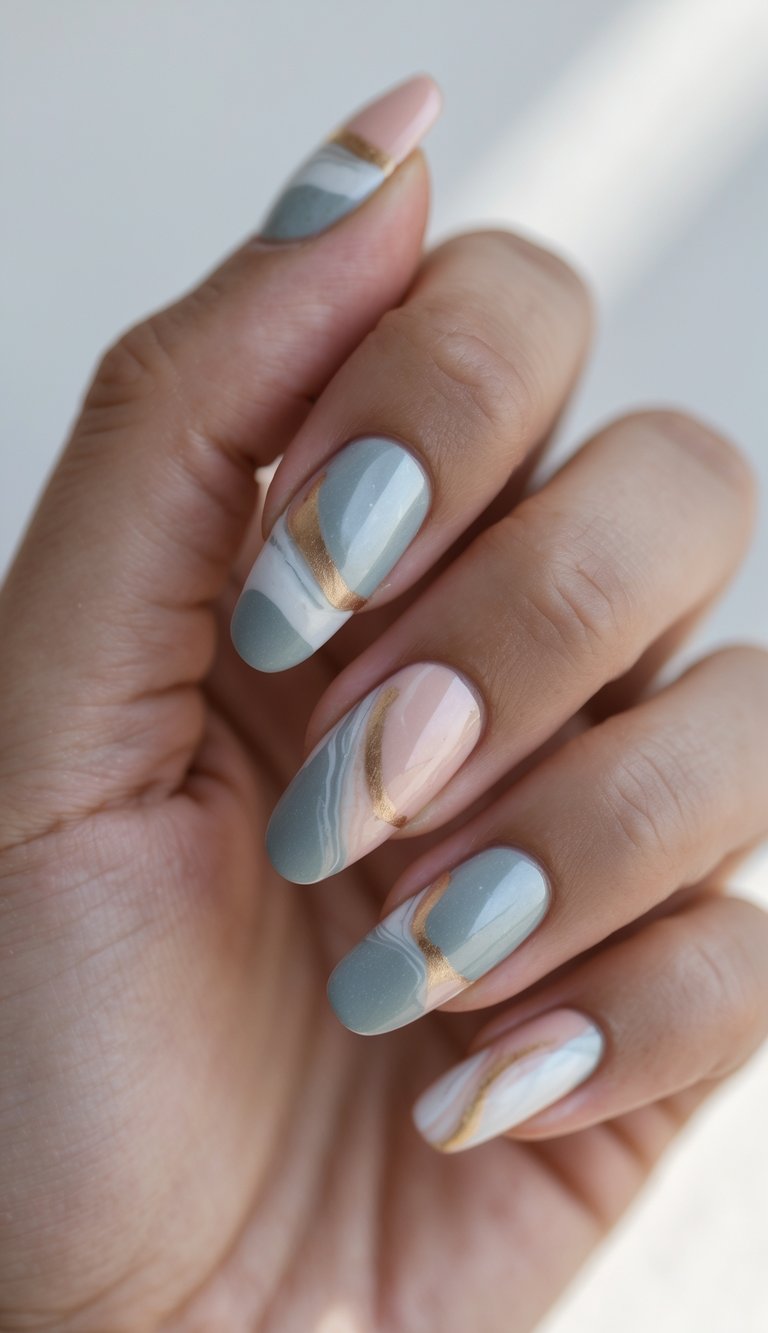 Skittle nail art idea showing neutral curved color blocking in pastel pink, green, and white with elegant gold streaks