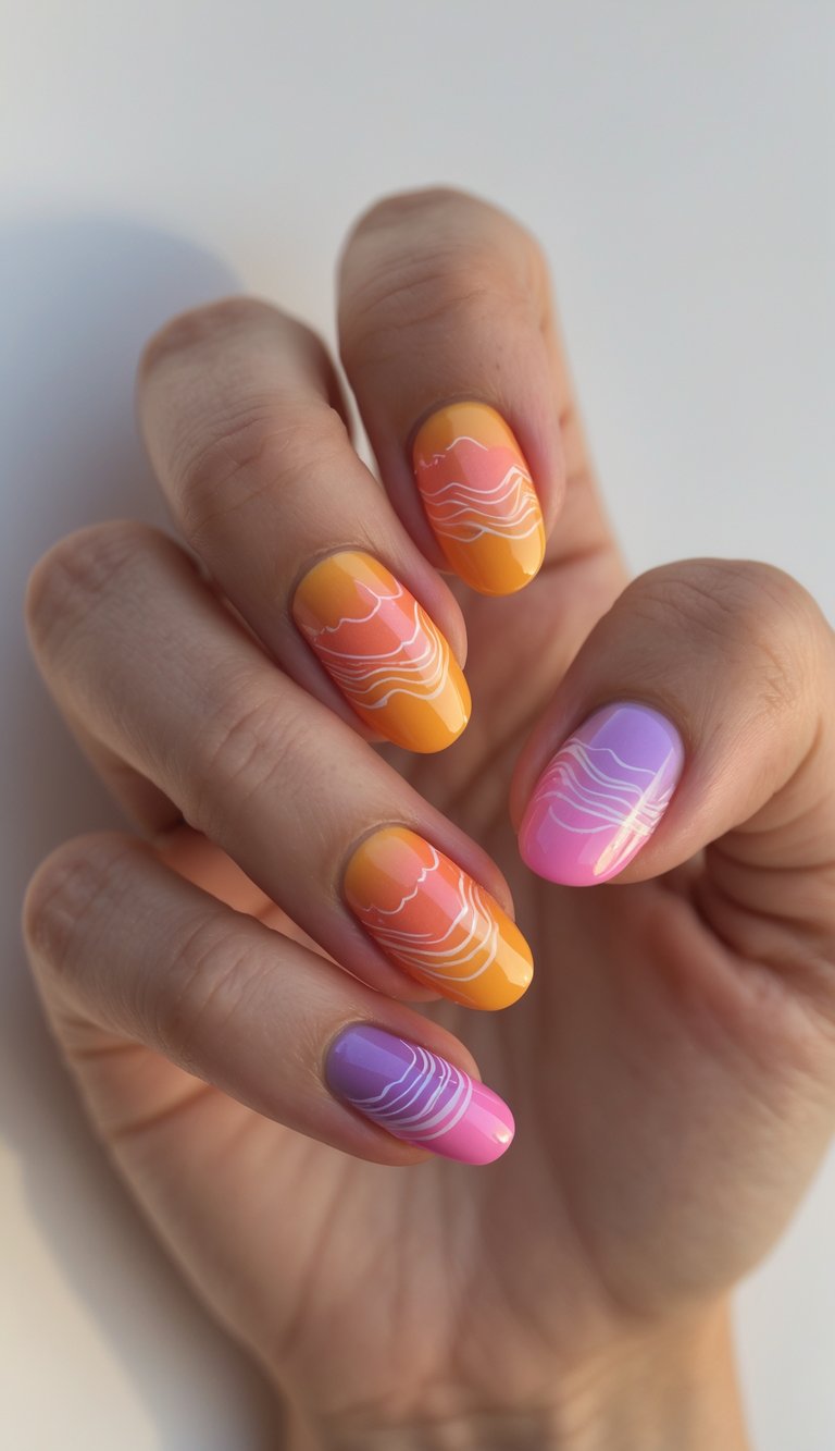Skittle nail art idea with ombré nails in pink, orange, and purple accented by flowing white wave lines
