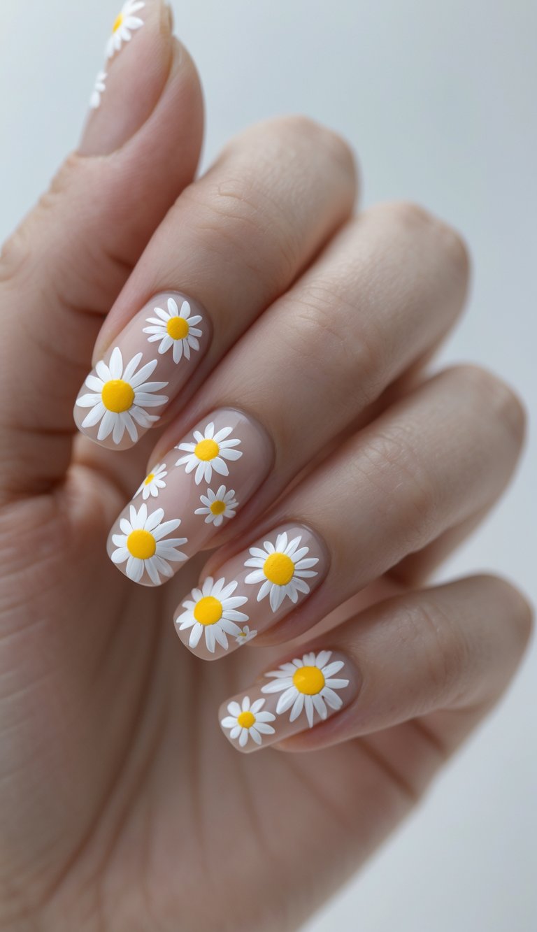 Close-up of one hand with detailed daisy nail art on each fingernail against a white background.