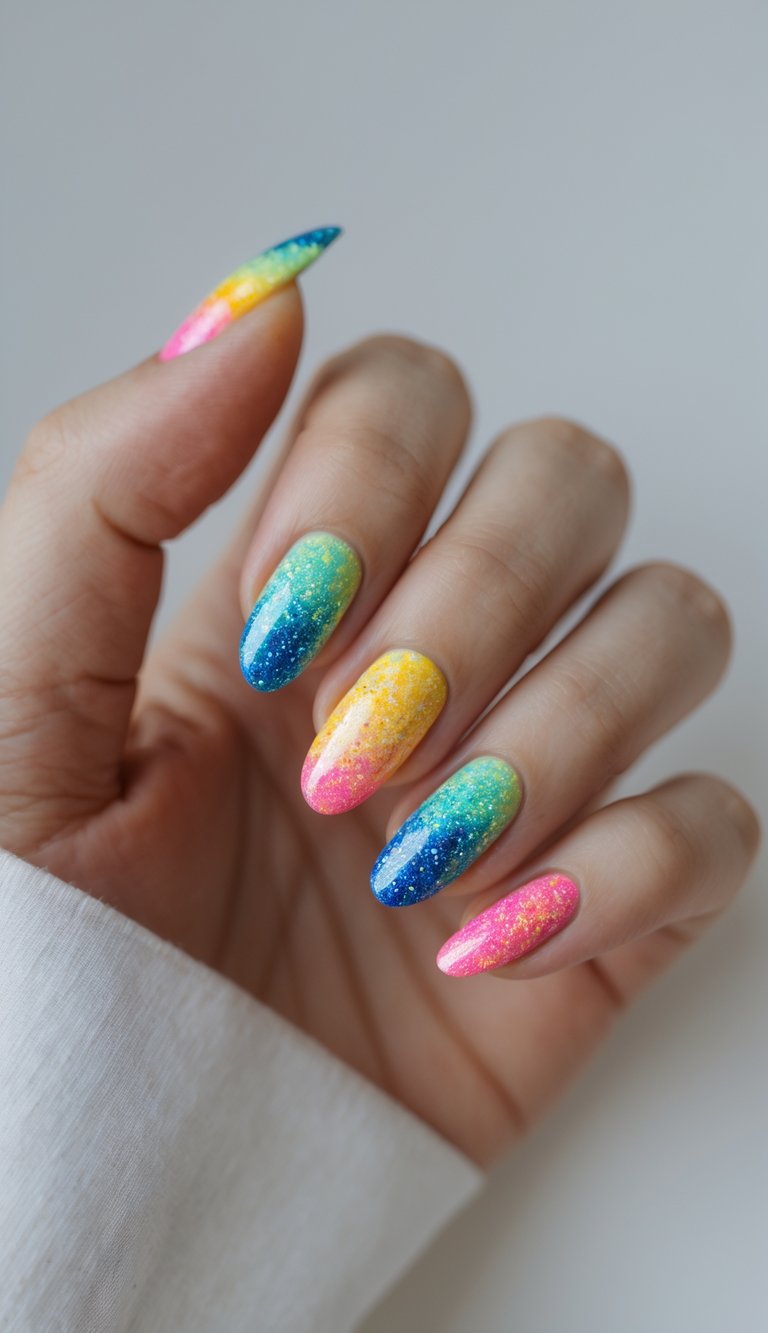 Skittle nail art idea with glitter ombré nails in rainbow tones of pink, yellow, green, and blue over a glossy base