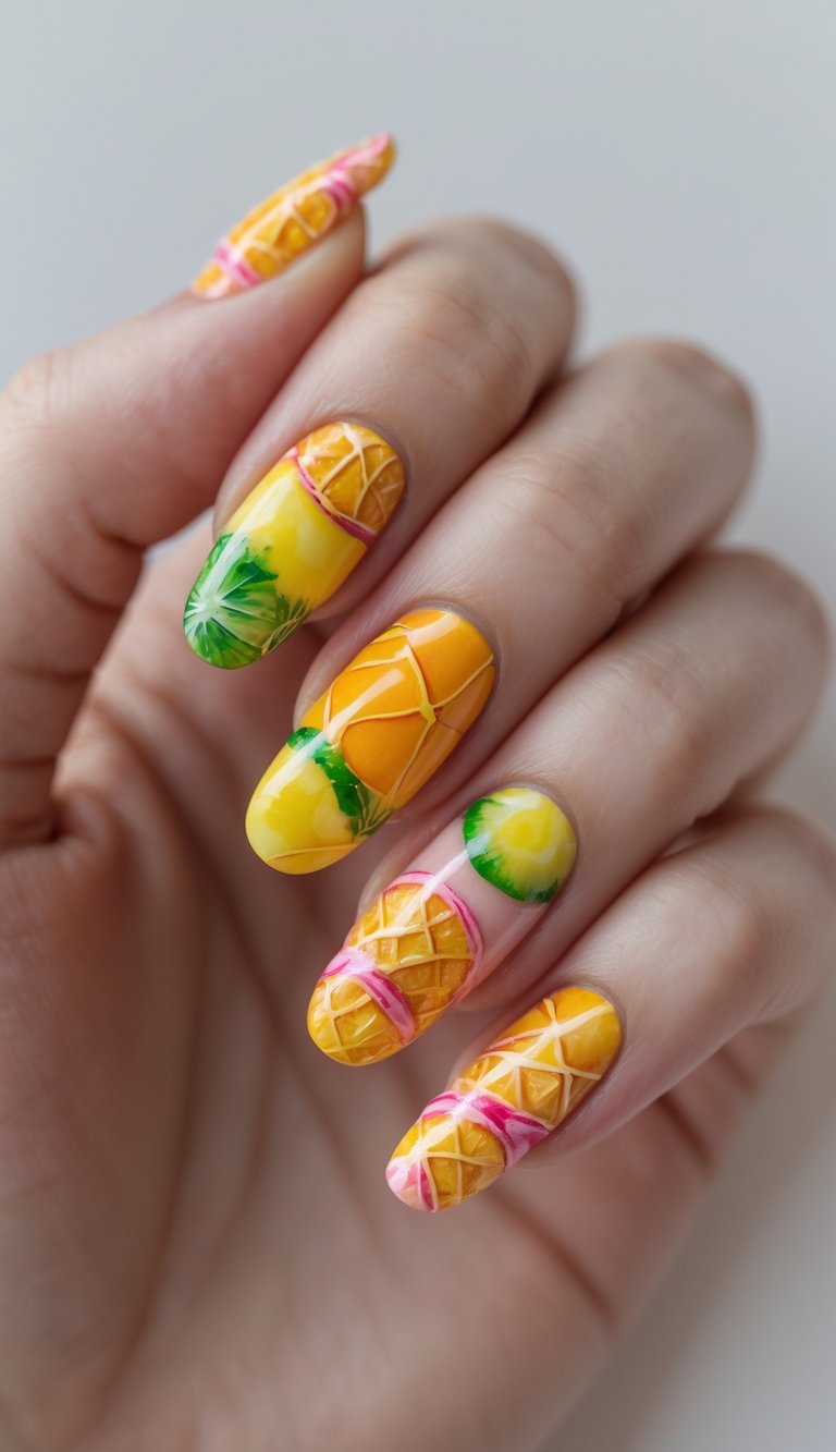 Skittle nail art idea with hand-painted pineapples, tropical fruits, and glossy yellow, green, and pink accent.