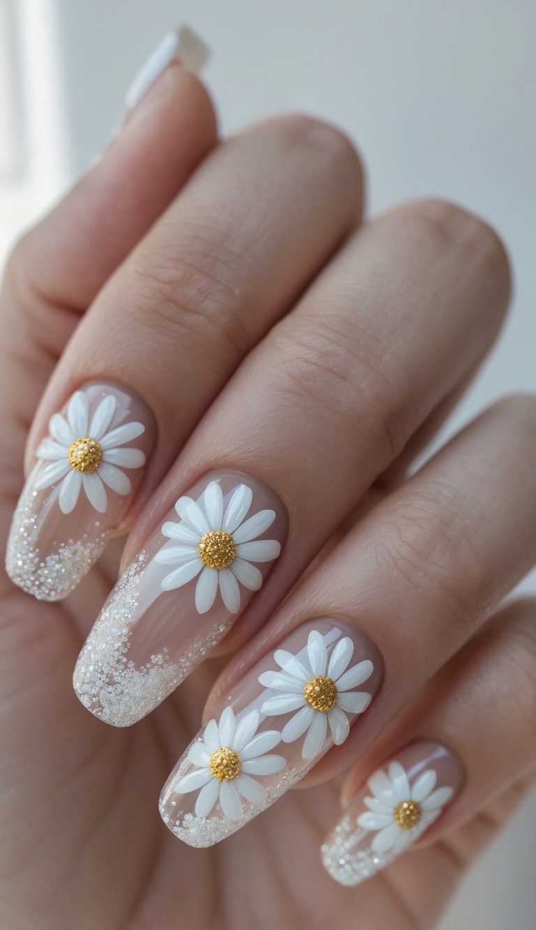 Fingertips with clear nude polish and raised white daisy accents, each nail finished with glitter-dusted tips and golden flower centers, creating a lively and playful nail design