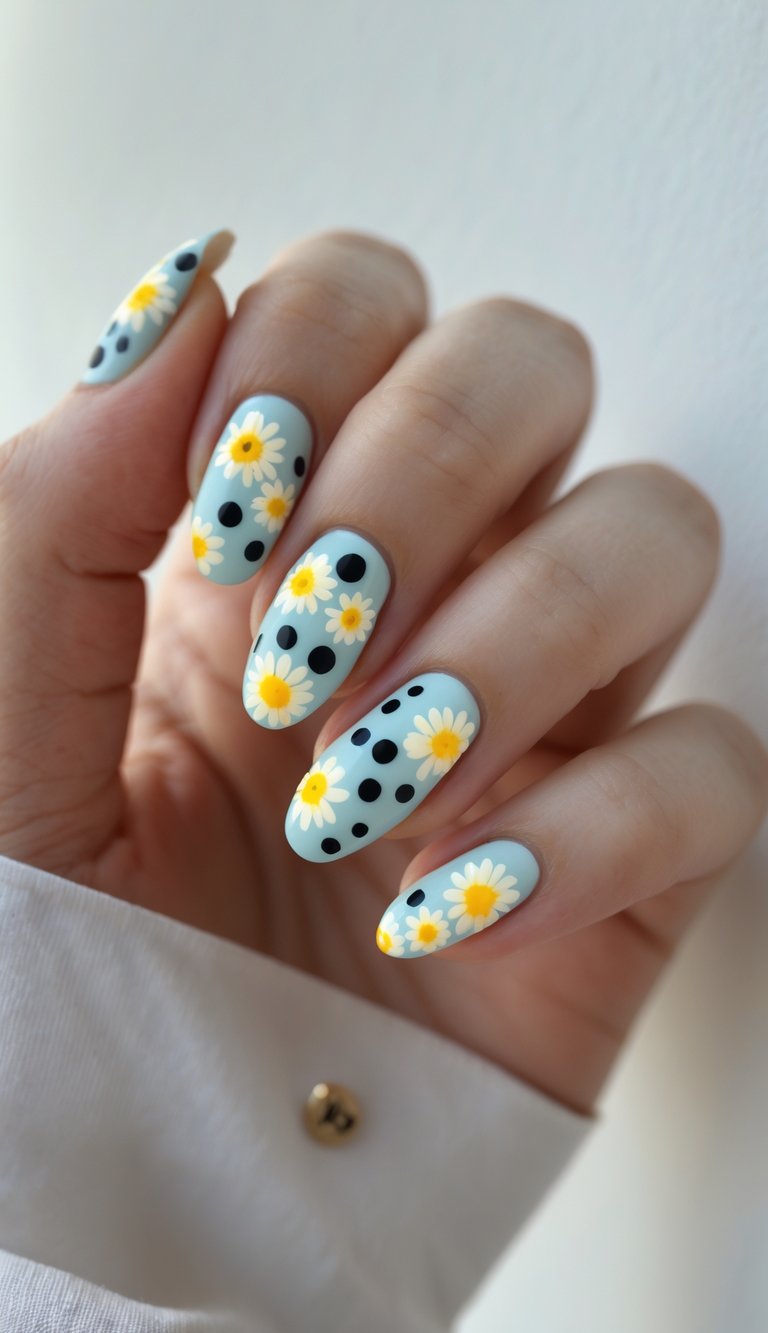 Manicured hand with sky-blue matte nails, featuring hand-painted white daisies with yellow centers and striking black polka dots for a bold, modern floral nail design