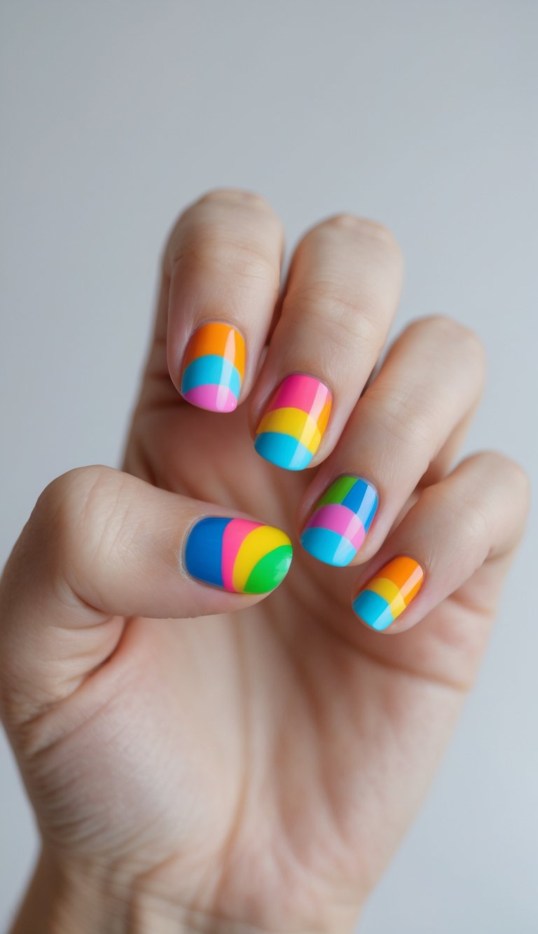 Skittle nail art idea with colorful curved rainbow arc patterns in blue, pink, yellow, green, and orange on short glossy nails