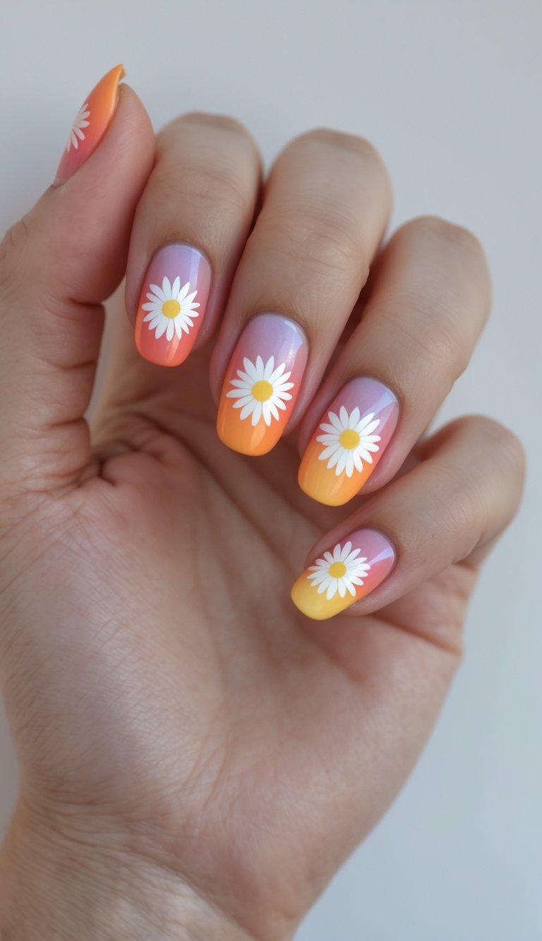 Close-up of a hand with almond nails blending pastel purple, orange, and yellow, topped with centered white daisies that pop like florals against a painted sunrise