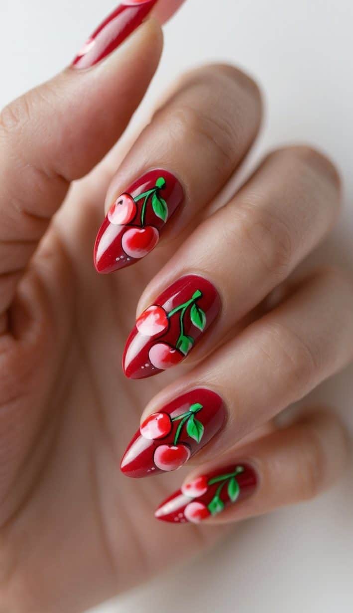 Glossy red nails with realistic cherry clusters and green leaves, presenting rich and dimensional cherry nail art ideas with vibrant detail.