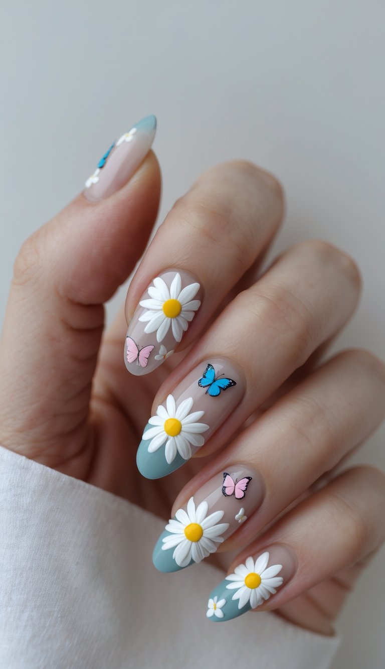 Hand with soft nude and blue nails featuring raised white daisies and small pink and blue butterflies, designed to resemble a dreamy, floating floral fantasy