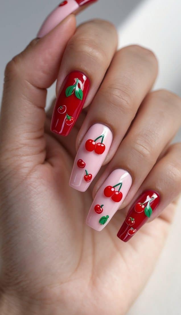 Alternating pink and red nails with glossy cherries and green accents, presenting girly and graphic cherry nail art ideas with bold color play.
