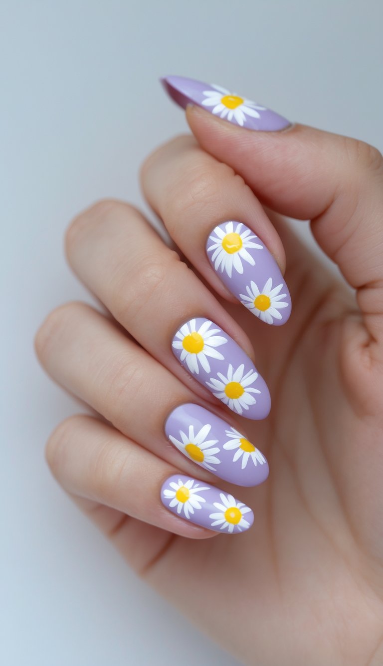 Almond-shaped nails painted in a soft lavender tone, topped with bright white and yellow daisies that blend trendy polish with playful floral charm