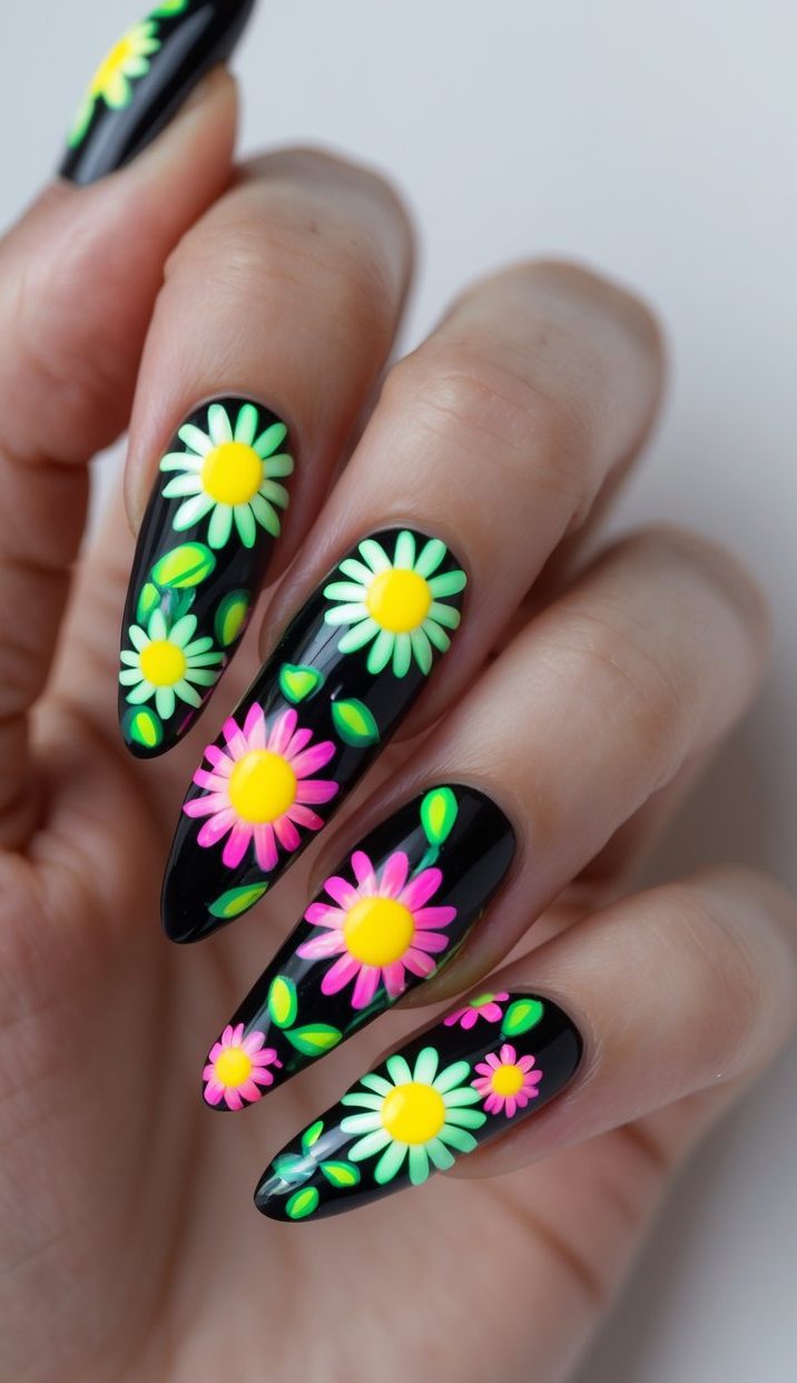 Close-up of glossy black nails layered with fluorescent 3D daisy petals in vivid greens and pinks, designed to look like glowing florals under neon light