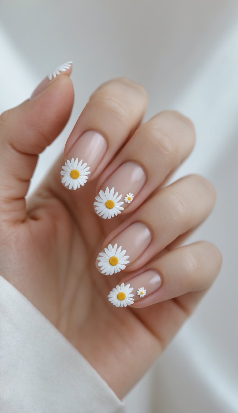 Natural nails in a translucent nude shade with dainty white daisies and yellow centers placed asymmetrically, creating a chic and minimal floral design