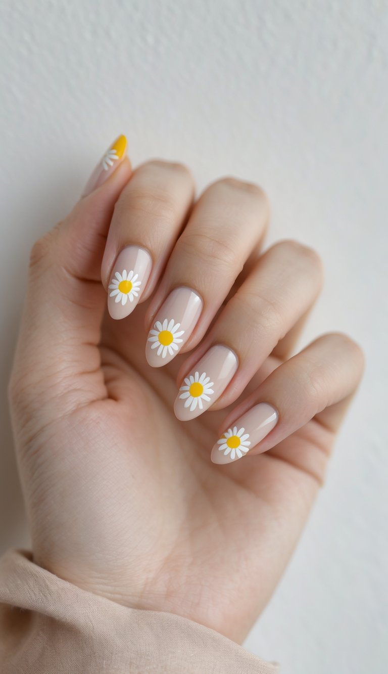Nude nails with clean white daisies centered on each finger, contrasted by a bright yellow thumb tip with a single petal design, creating a balanced mix of soft and bold