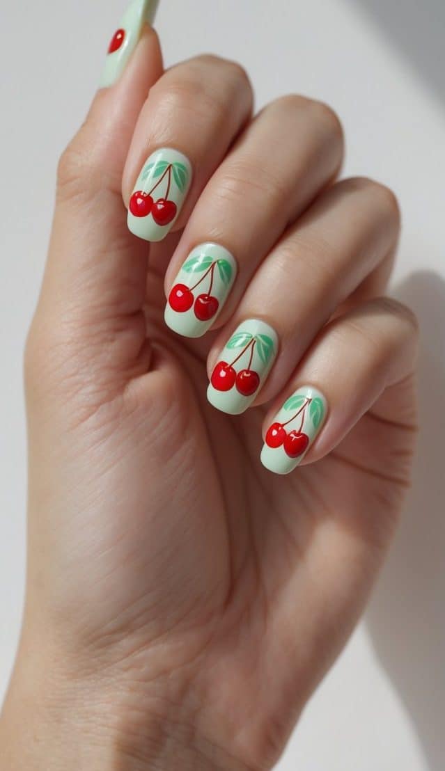 Mint green nails with bright red cherries and leafy details, highlighting fresh and bold cherry nail art ideas with vibrant contrast.