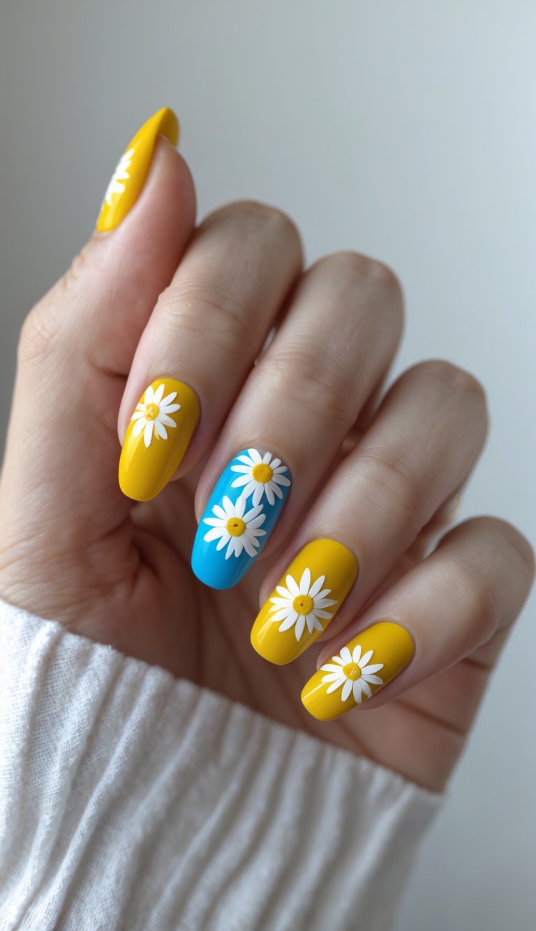 A hand styled with bright yellow and bold blue nails, each featuring a daisy nail art idea using white petals and yellow centers, creating a vivid, sun-drenched garden effect