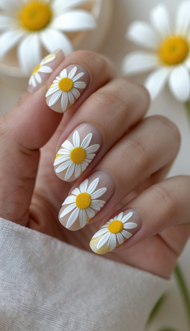A daisy nail art idea shown on sheer nude nails with large, lifelike daisies that resemble flowers gently landing on glass, with slight yellow shading adding realism