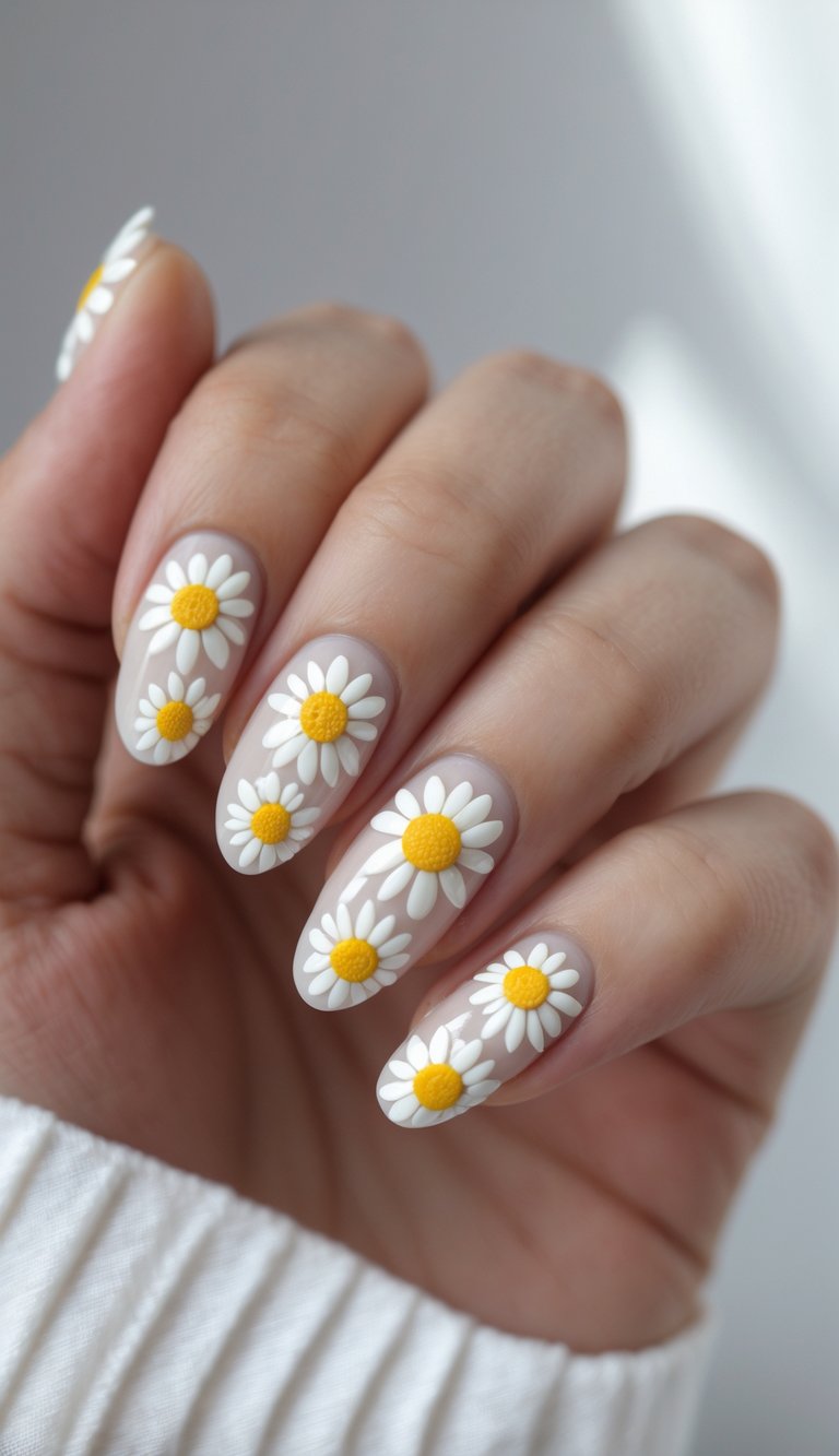 Neutral-toned nails featuring a daisy nail art idea with dimensional white petals and vibrant yellow centers, arranged to contrast softly against the sheer background