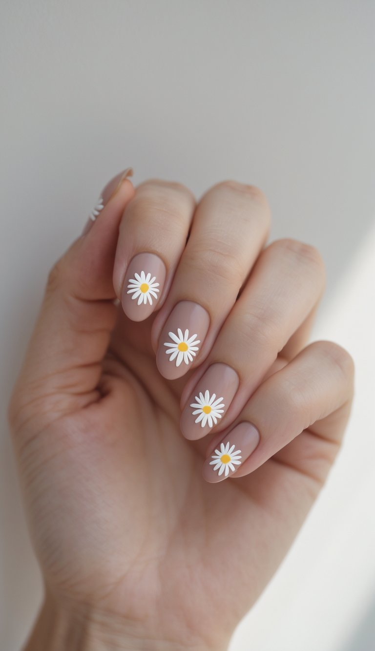 A daisy nail art idea with small white daisies centered on dusty nude nails, showing a clean, minimal manicure perfect for understated floral lovers