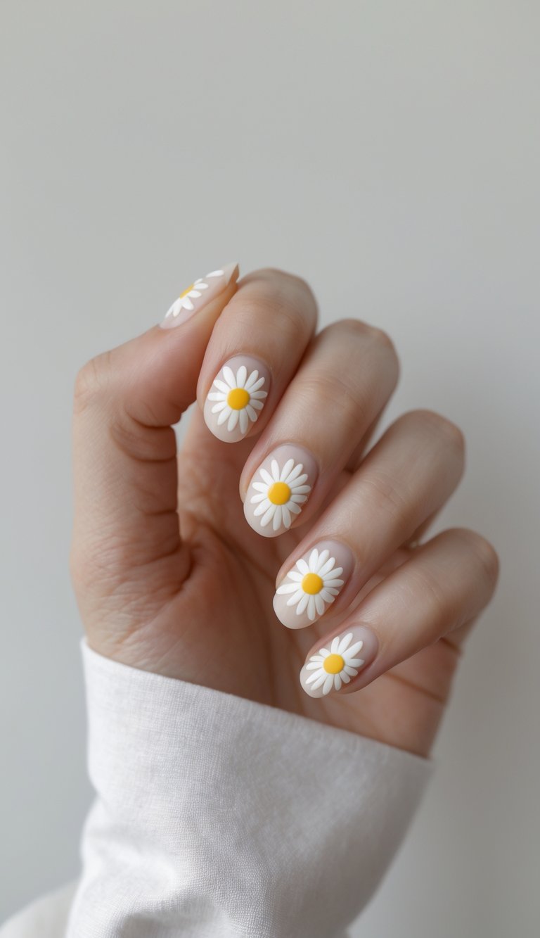 A daisy nail art idea with medium-length nude nails where bold white daisies and sunny yellow centers stand out for a clean, high-contrast floral finish
