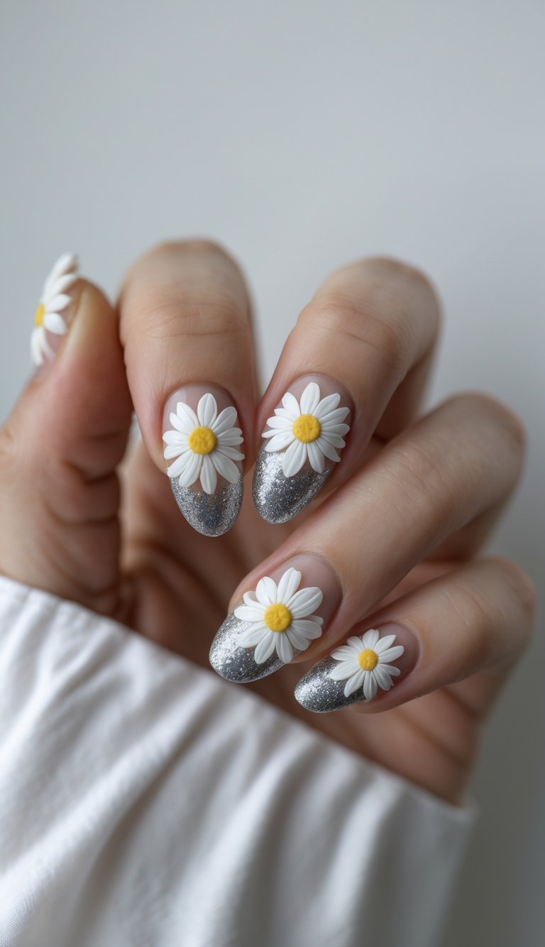 Daisy nail art idea with almond-shaped nails featuring glittery silver tips and layered white daisies, offering a bold twist on traditional French manicure style