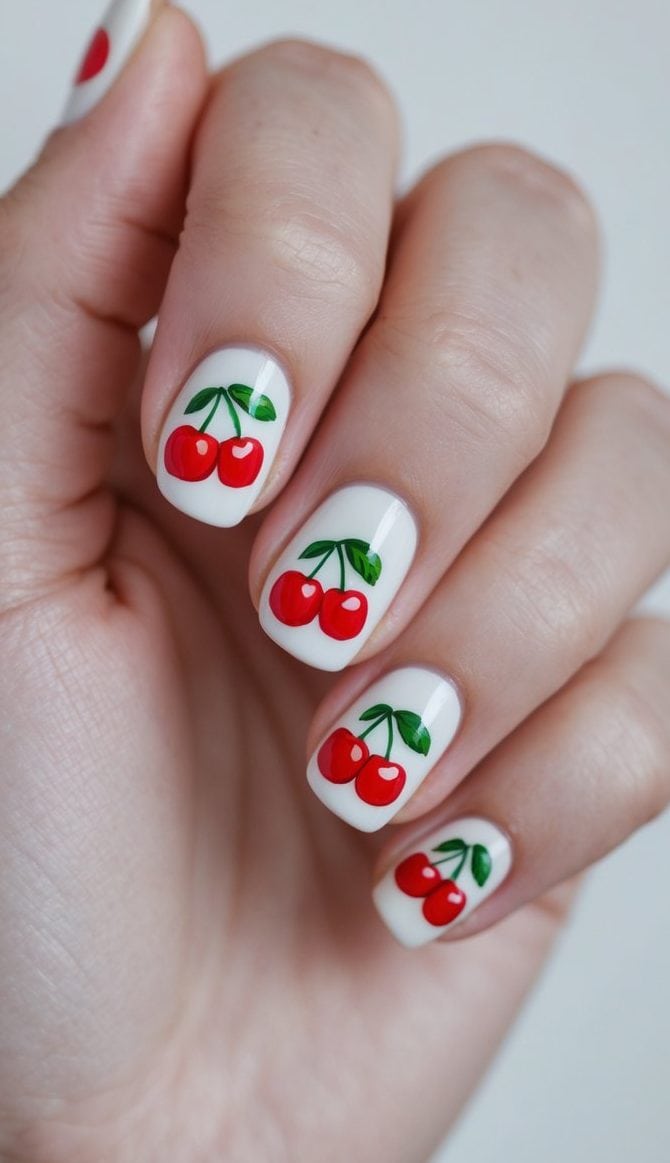 Neatly shaped short white nails with glossy red cherries, reflecting crisp and wearable cherry nail art ideas for daily styling.