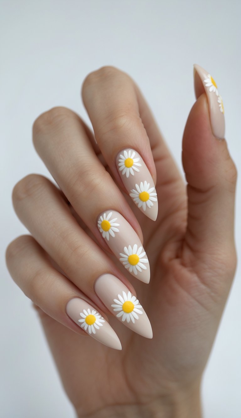 Hand showcasing a daisy nail art idea with creamy matte polish and white daisy accents spaced across each long almond nail in a repeating vertical layout