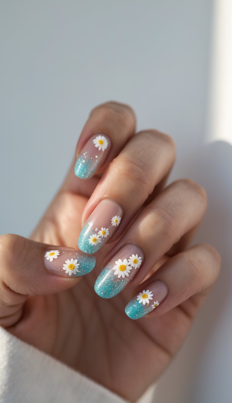 A daisy nail art idea with oval nails painted in blue glitter ombré and accented by small white daisies, offering a playful mix of shimmer and charm