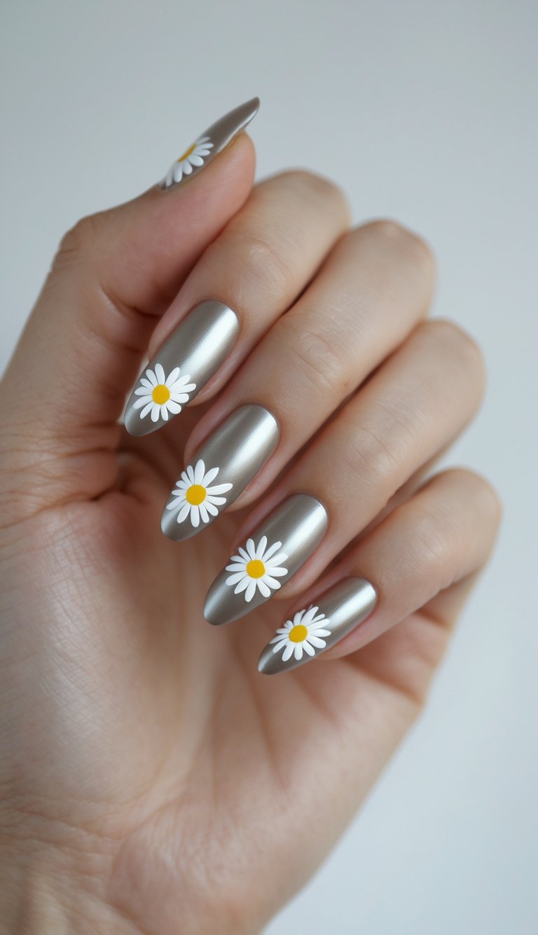 Daisy nail art idea featuring elongated metallic nails with matte silver polish and centered white daisies, styled for a bold yet minimalist floral aesthetic