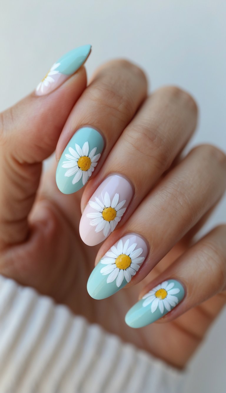 Daisy nail art idea on short oval nails featuring alternating mint and lavender tones, each nail topped with a crisp white daisy in clean, bold placement