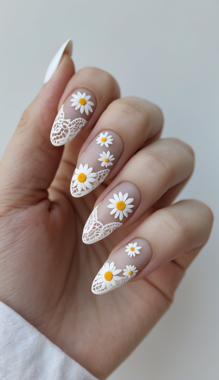 A daisy nail art idea showcasing translucent nude nails with intricate white lace on pointed tips and dimensional daisies arranged in a rhythmic, balanced pattern