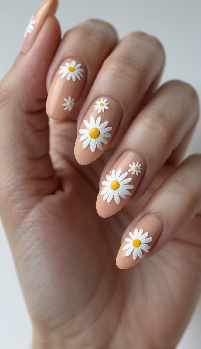 A daisy nail art idea featuring warm peach-toned nails with varied daisy sizes placed asymmetrically, mimicking the look of flowers gently scattered on sunlit skin