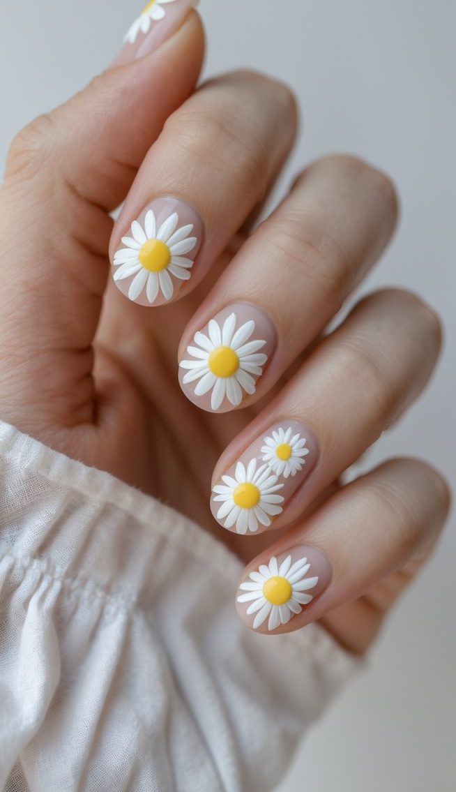 A daisy nail art idea featuring clear nude nails decorated with three-dimensional white and yellow daisies, designed to appear as if glowing gently on a sheer base