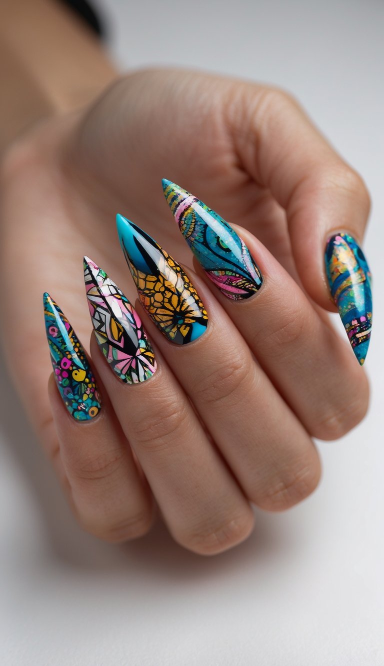 Stiletto nail art idea featuring colorful abstract and mosaic designs with detailed, vibrant artwork on each nail