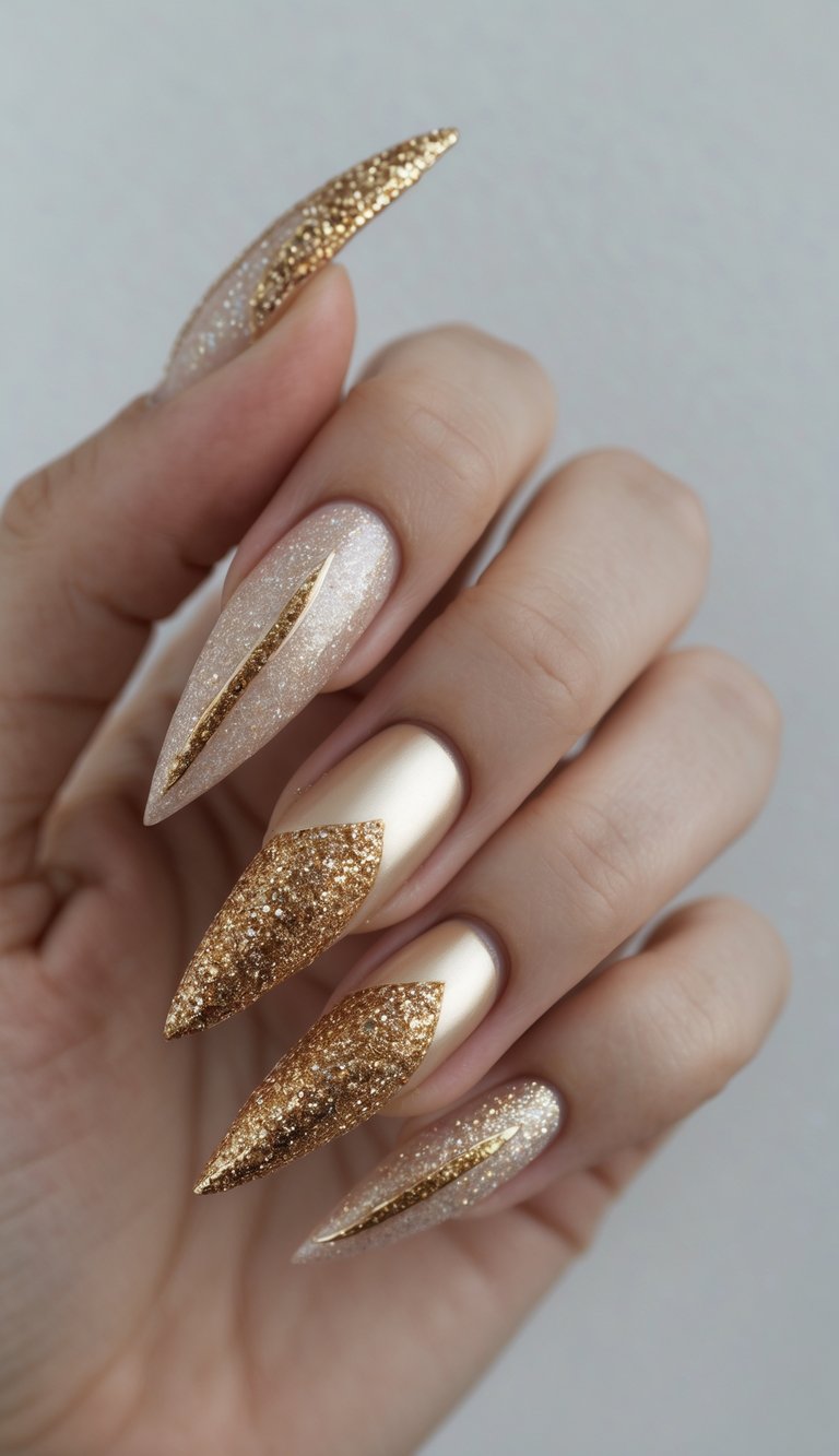 Stilletto nail art idea featuring gold glitter flames on matte satin nails and translucent shimmer nails with sleek gold foil accents