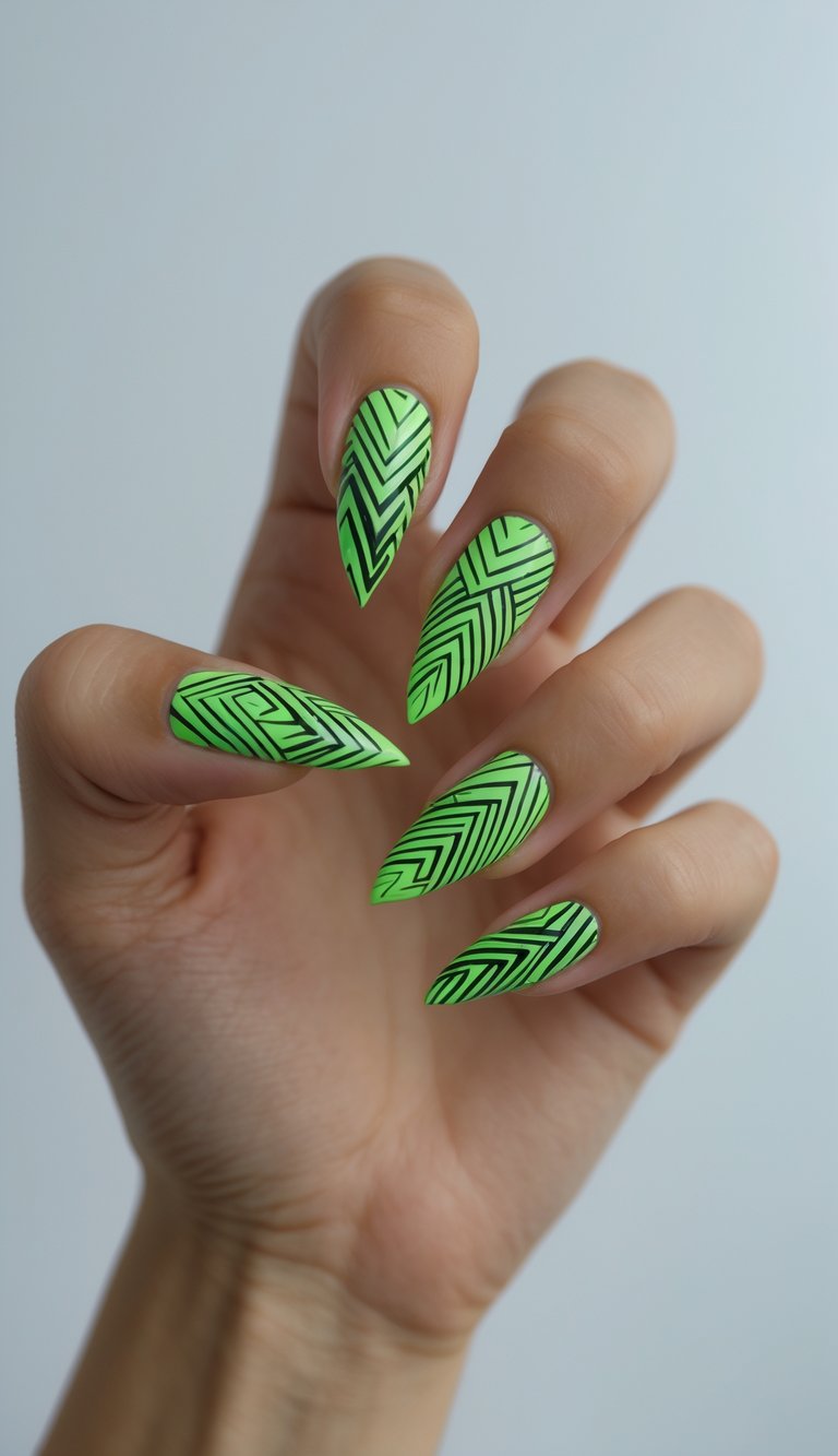 Stiletto nail art idea with vivid green base and dynamic black zigzag stripes for a graphic, street-style effect