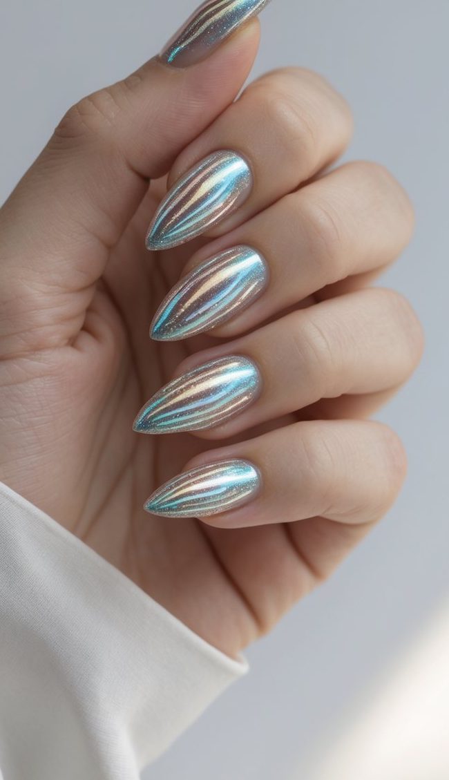 Stiletto nail art idea featuring glossy chrome nails with holographic streaks in silver, teal, and soft blush tones
