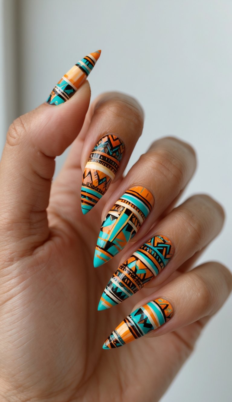 Stiletto nail art idea with geometric tribal prints in orange, turquoise, and black for a bold, colorful manicure