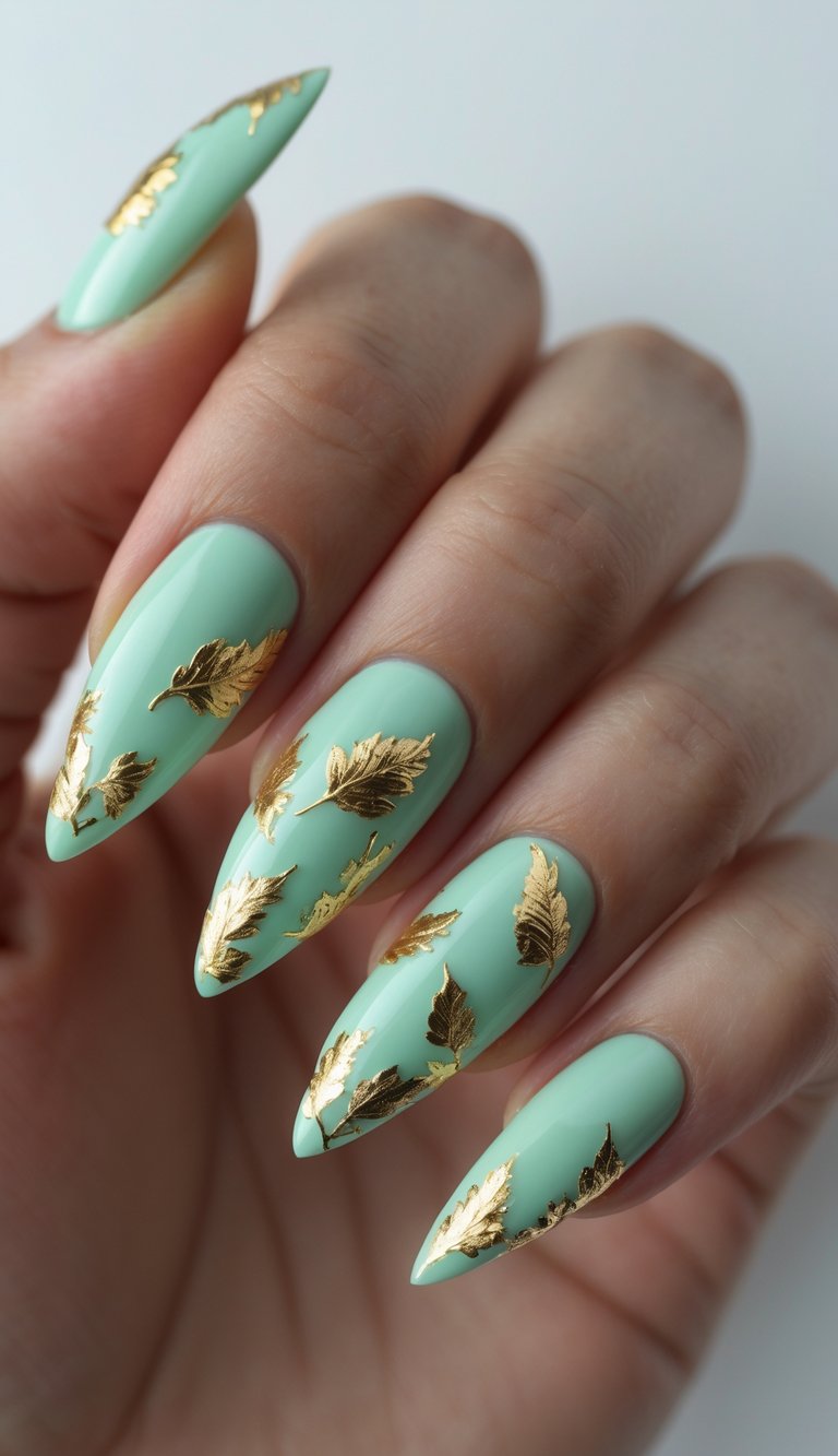 Stiletto nail art idea with glossy mint polish and bold gold foil leaf patterns for a vibrant, whimsical effect