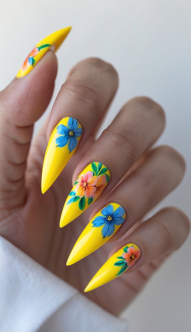 Stiletto nail art idea with vivid yellow nails and colorful floral designs for a bright, vacation-ready look