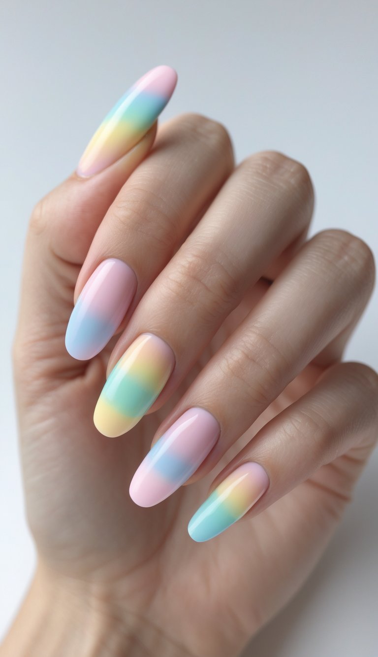 A hand with long round nails featuring a soft pastel ombré design in pink, blue, yellow, and mint green, with a glossy topcoat and smooth color transitions.