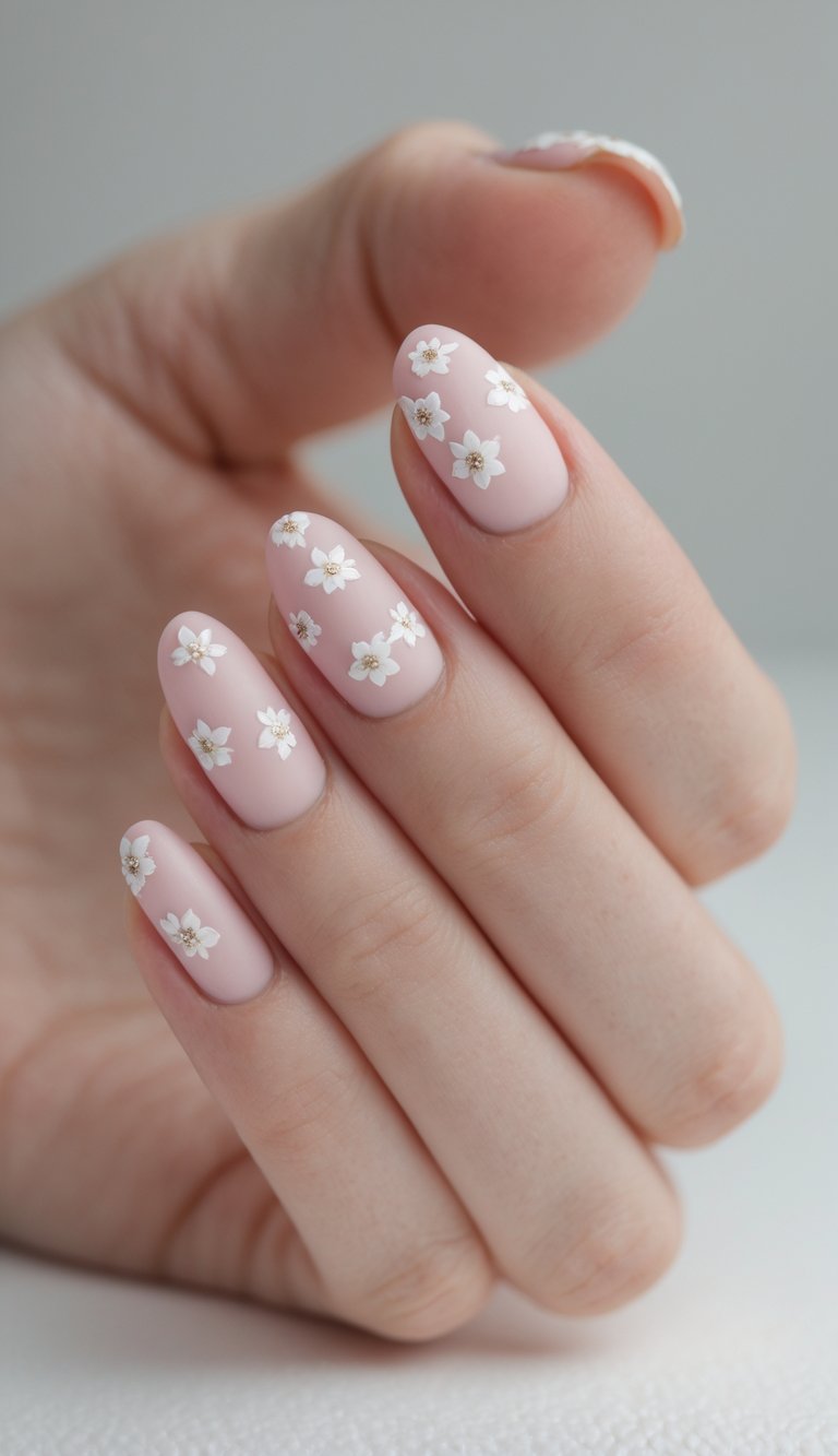 Fingertips with round soft-pink nails featuring delicate white flowers and shimmering gold centers, showcasing an elegant, floral minimalist design.