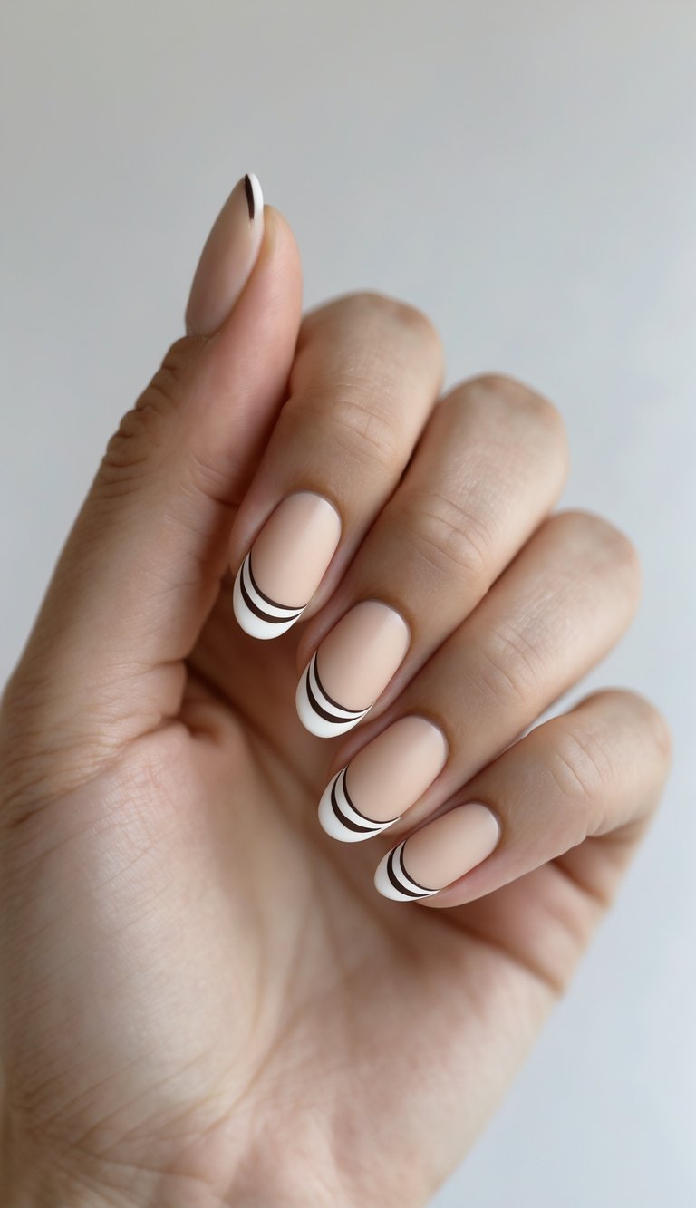 A hand with round matte nude nails, each tip styled with crisp white arcs outlined by two black curved lines for a graphic, modern French manicure twist.
