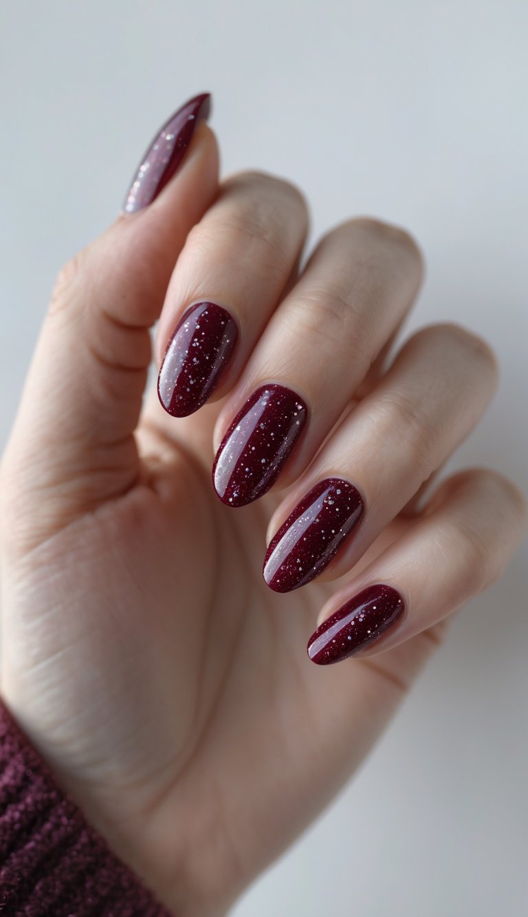 A hand with almond-shaped nails painted in glossy burgundy polish, flecked with tiny silver glitter specks that resemble stars glowing against a deep night sky.