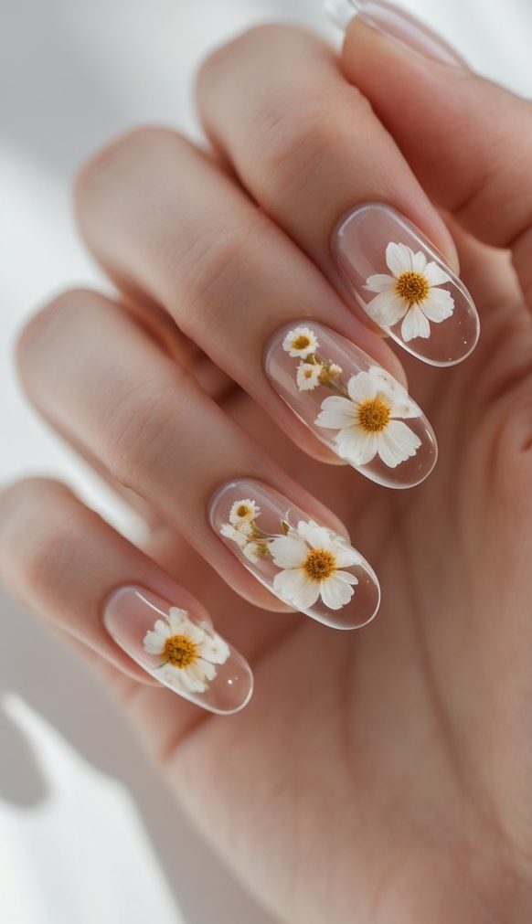 Fingertips with glossy clear nails, each decorated with daisy motifs that appear to float weightlessly on the surface, mimicking sun-dappled wildflowers on a spring day.