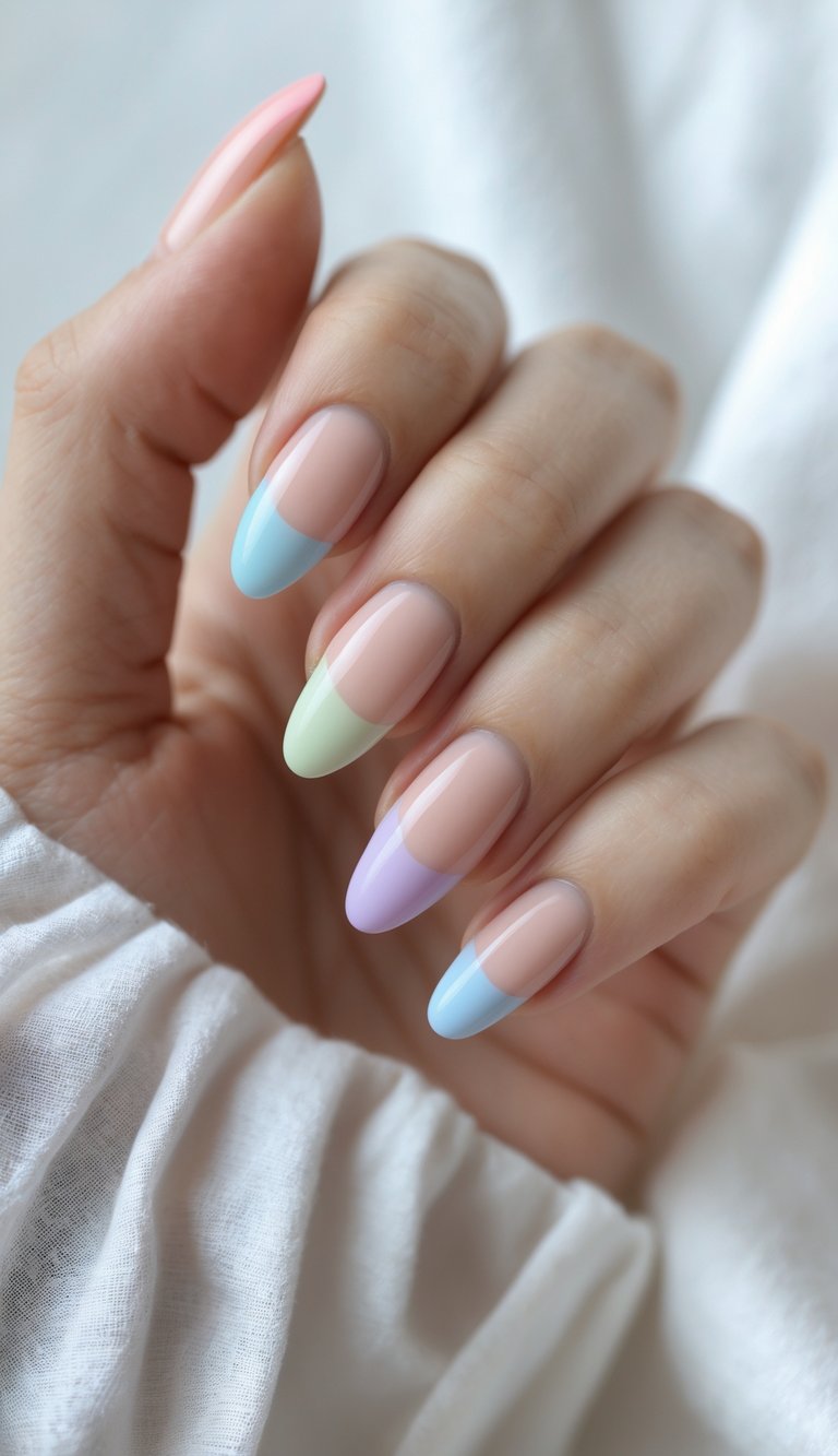 Hand with round nails painted in a glossy nude base, each tip in a different pastel color including soft pink, mint green, lilac, and baby blue for a modern rainbow French manicure.