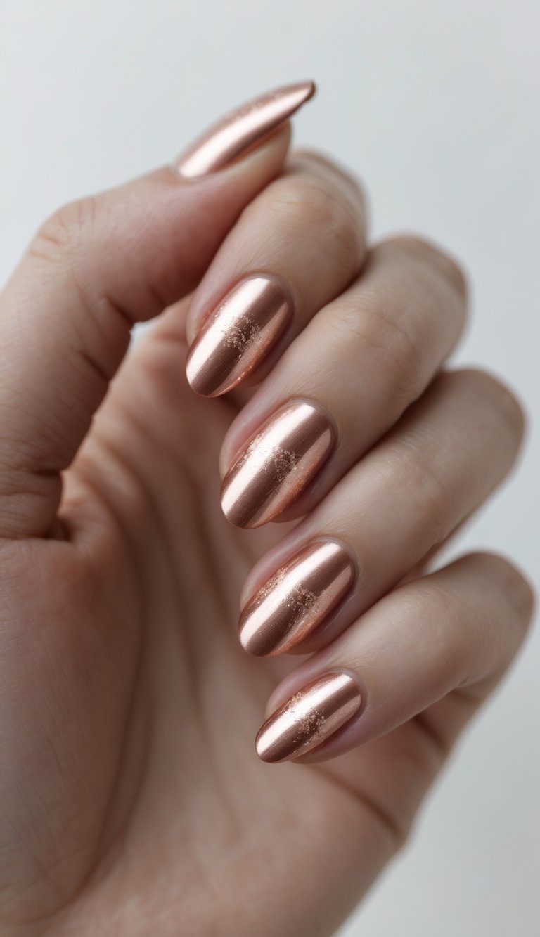 A hand with rounded nails in a high-shine rose gold chrome polish, featuring a soft golden shimmer at the center that enhances the molten metallic look.