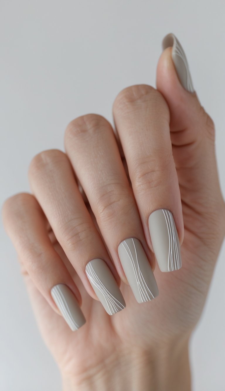Close-up of a hand showing square nails in matte taupe-grey, each decorated with delicate white curved lines that add a sense of refined movement.